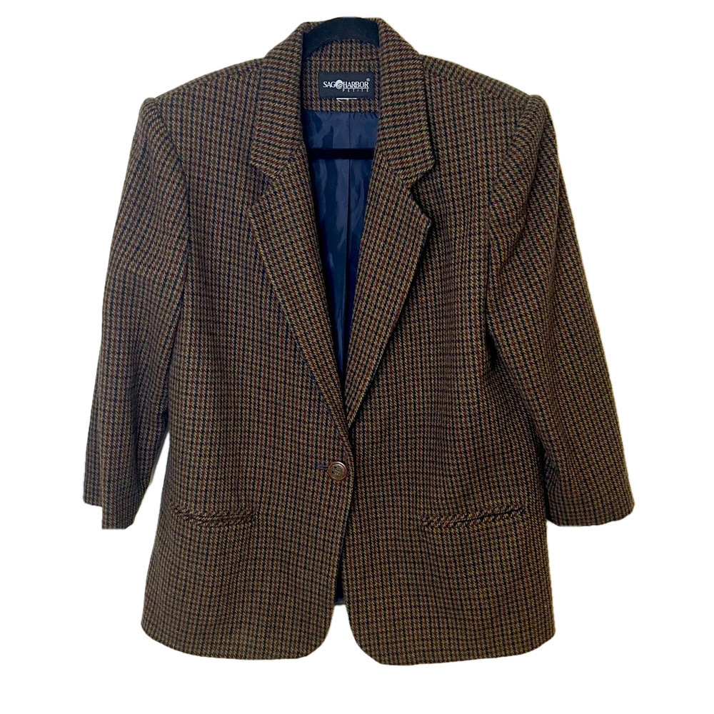 Vintage Wool Blazer Jacket Houndstooth Tan with Navy & Burgundy Women’s 14P